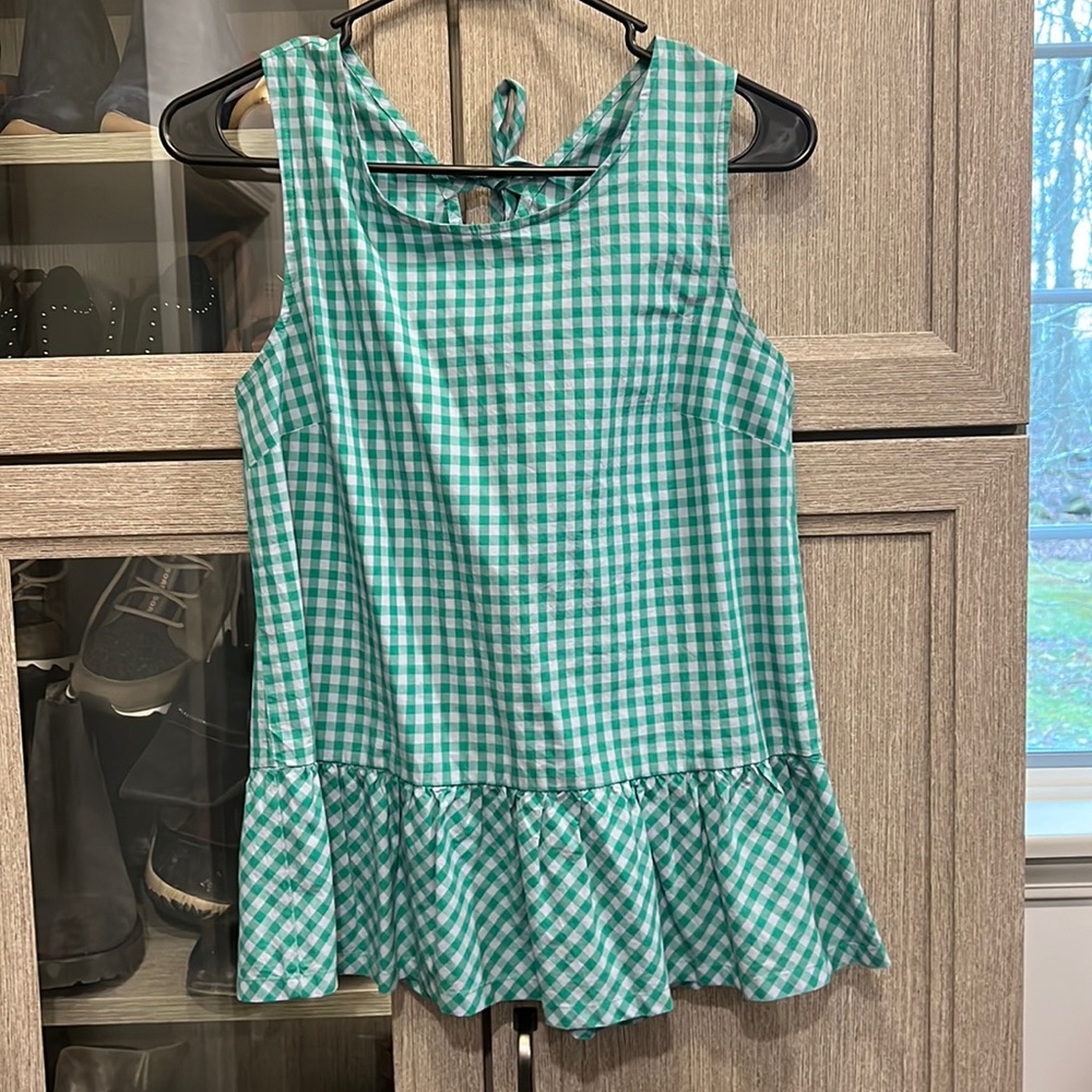 J Crew, green gingham and light blue plaid, sleeveless, 2 tie back